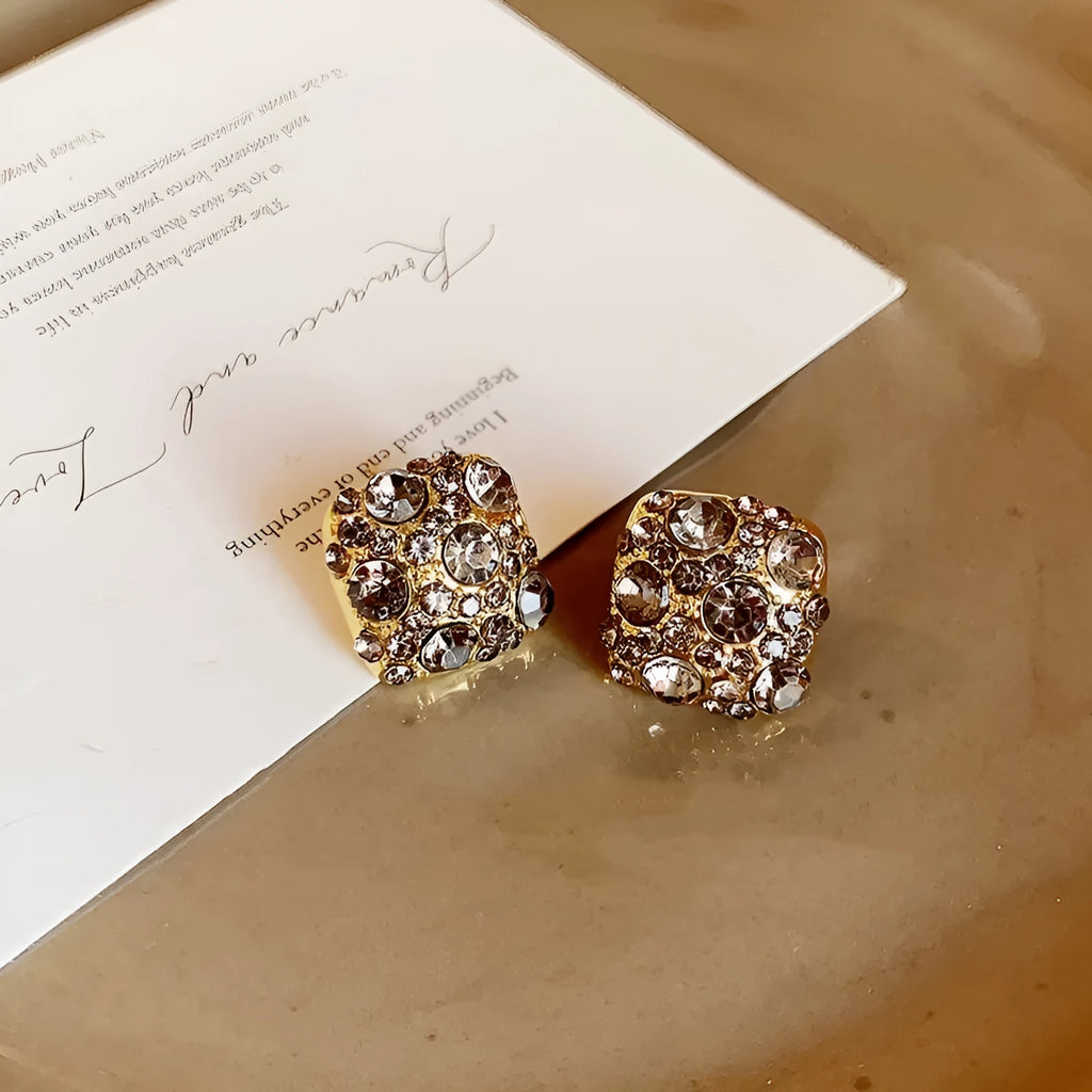 Gold tone alloy square earrings with black micro inlaid zircon and chamfered square grain for women