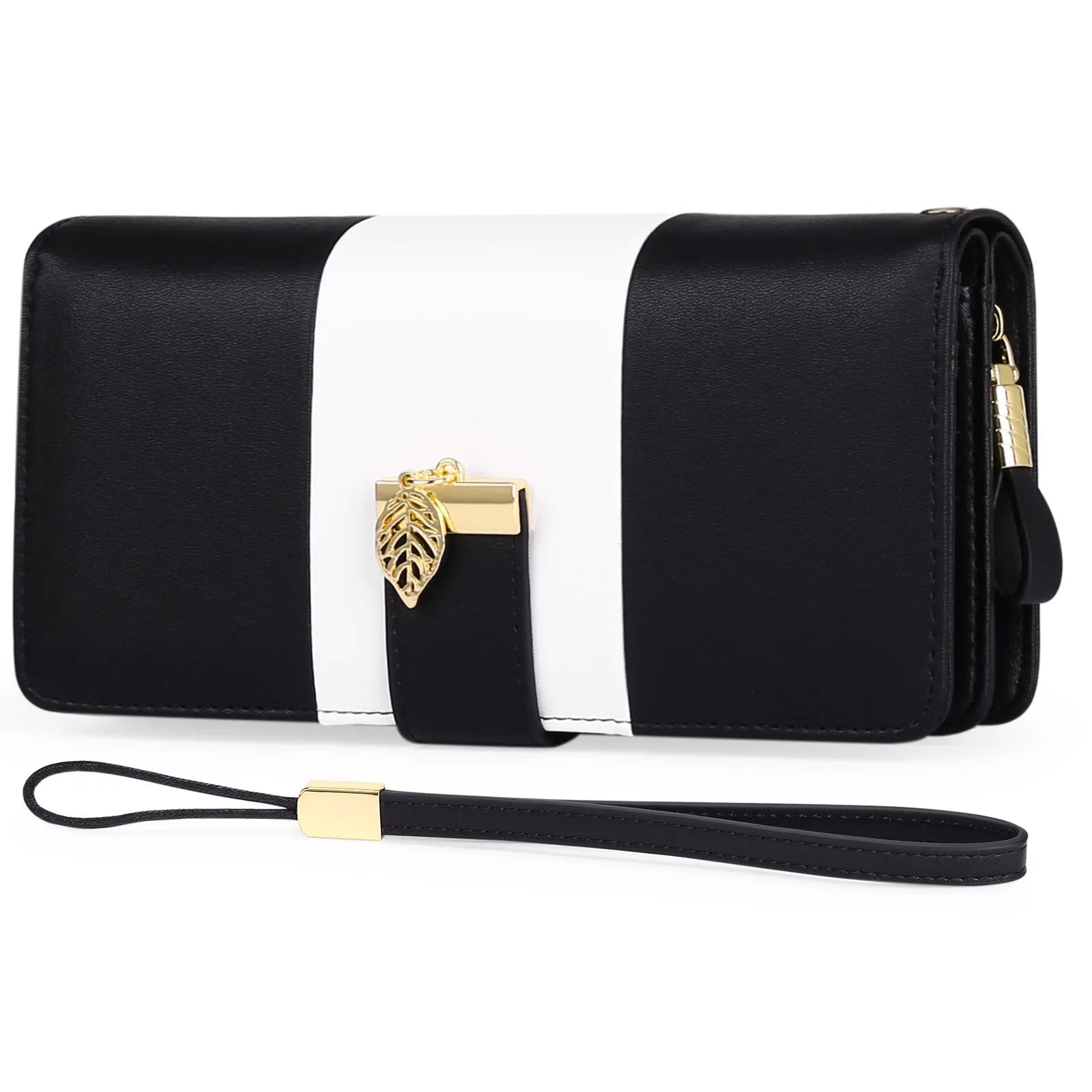 Locking anti-theft clutch handbag in midnight black, showing PU leather exterior and open compartment with microfibre lining.