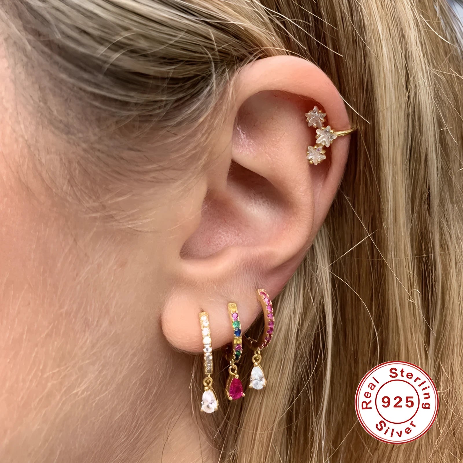 S925 sterling silver water drop eardrop earrings with geometric design and gemstone accents