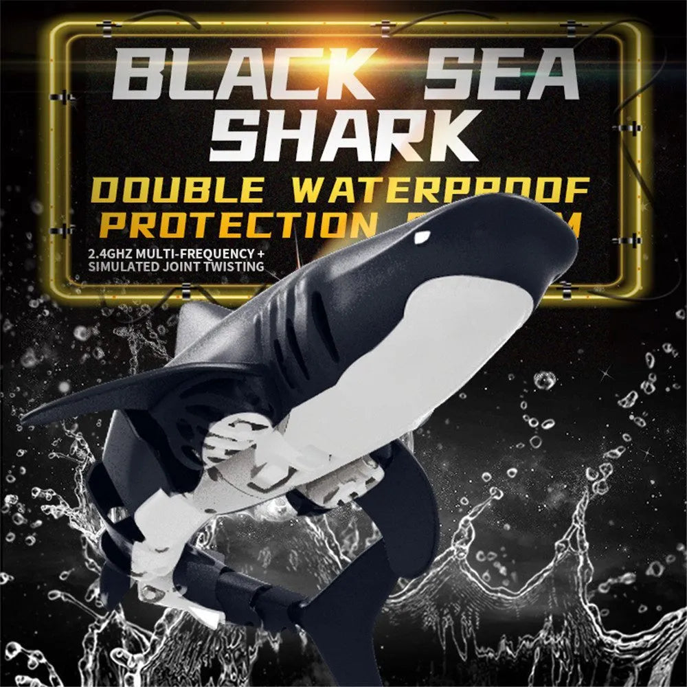Remote control shark boat water toy for children with handle controller, plastic body, colour box, and USB power option.