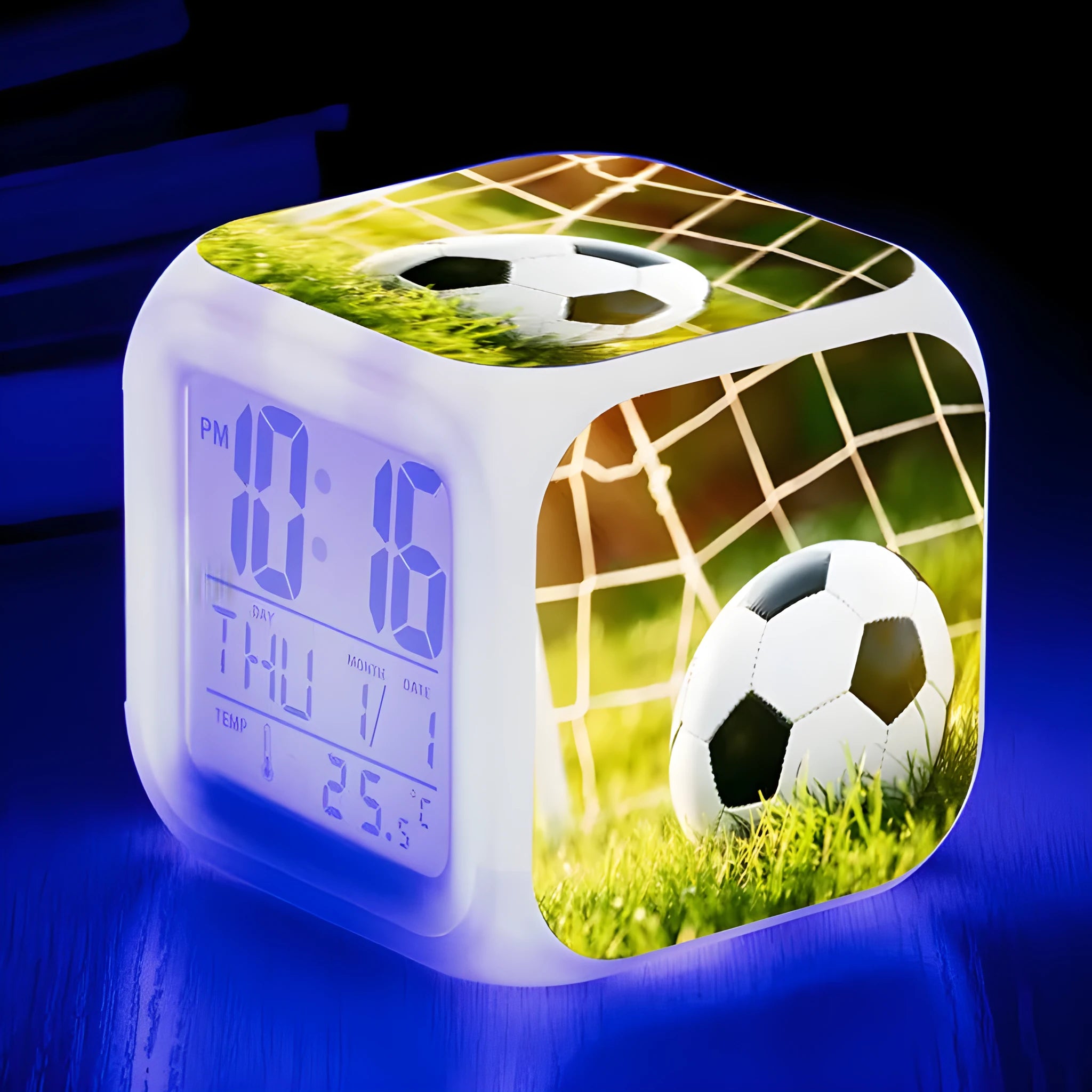 Square football pattern plastic alarm clock with cartoon design for children