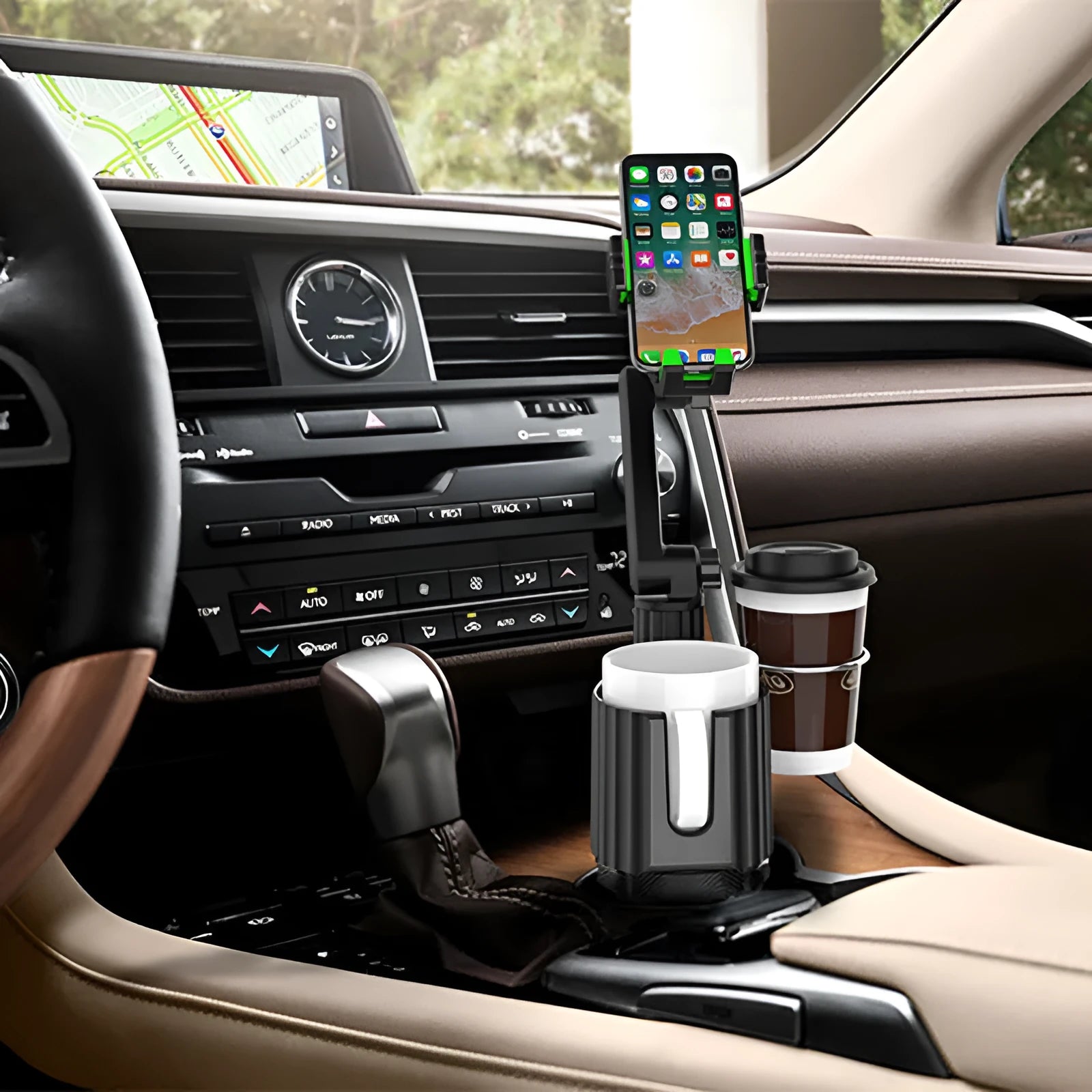 Green car drink rack and mobile phone holder with ABS/PC construction supporting 3.0kg loads