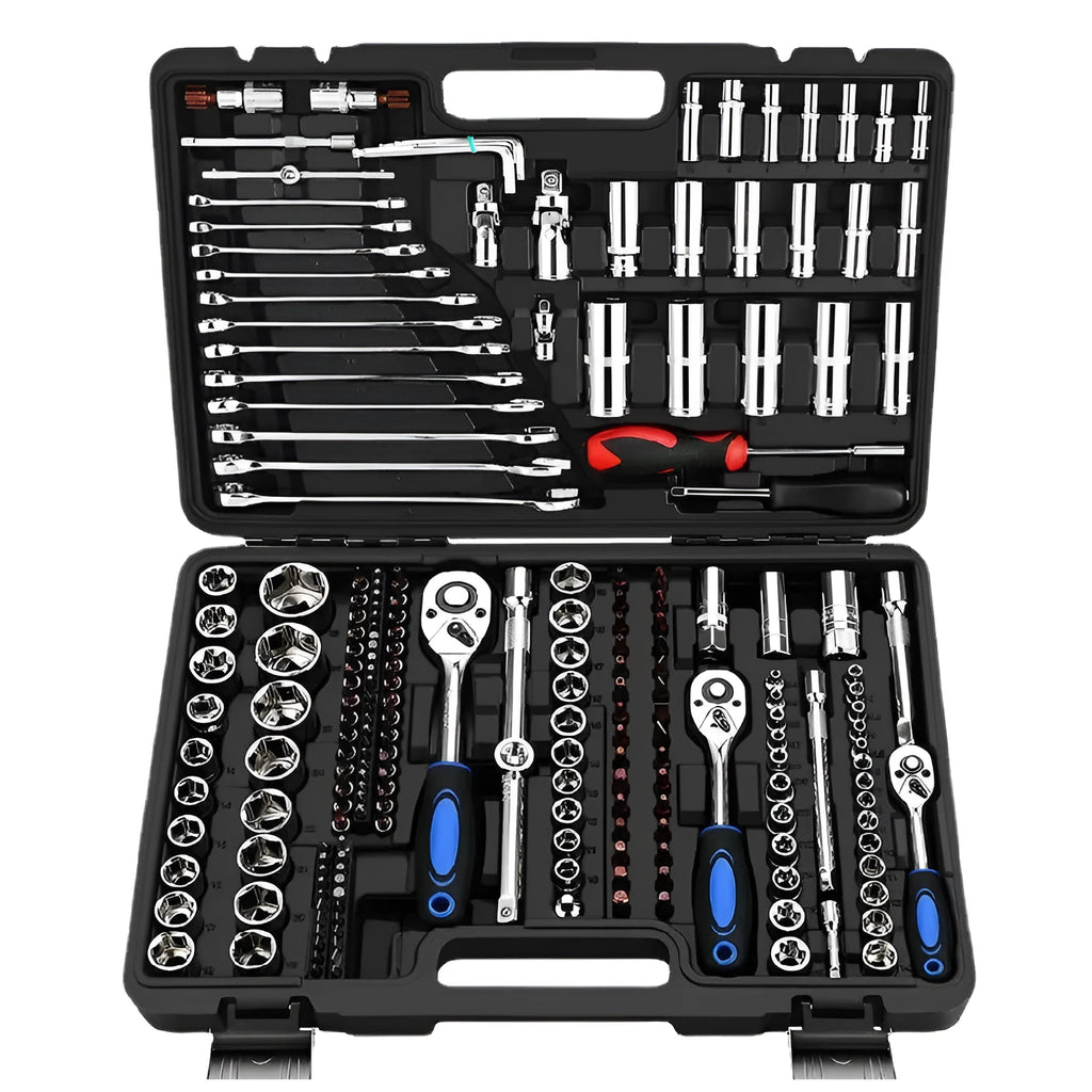 Cr-V chromium vanadium steel socket ratchet wrench set in a case for auto and home repair.