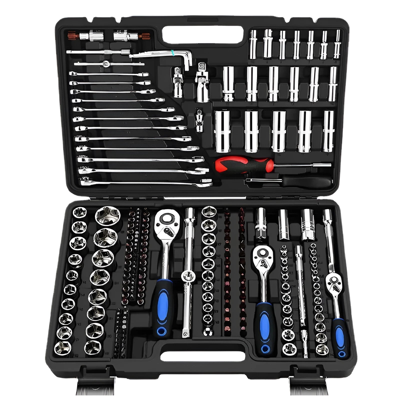 Cr-V chromium vanadium steel socket ratchet wrench set in a case for auto and home repair.