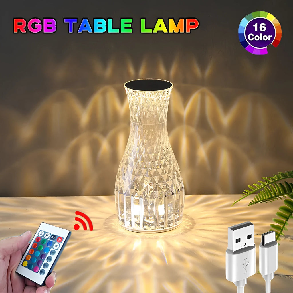 Crystal vase table lamp with remote control measuring 19cm tall on wooden bedside table