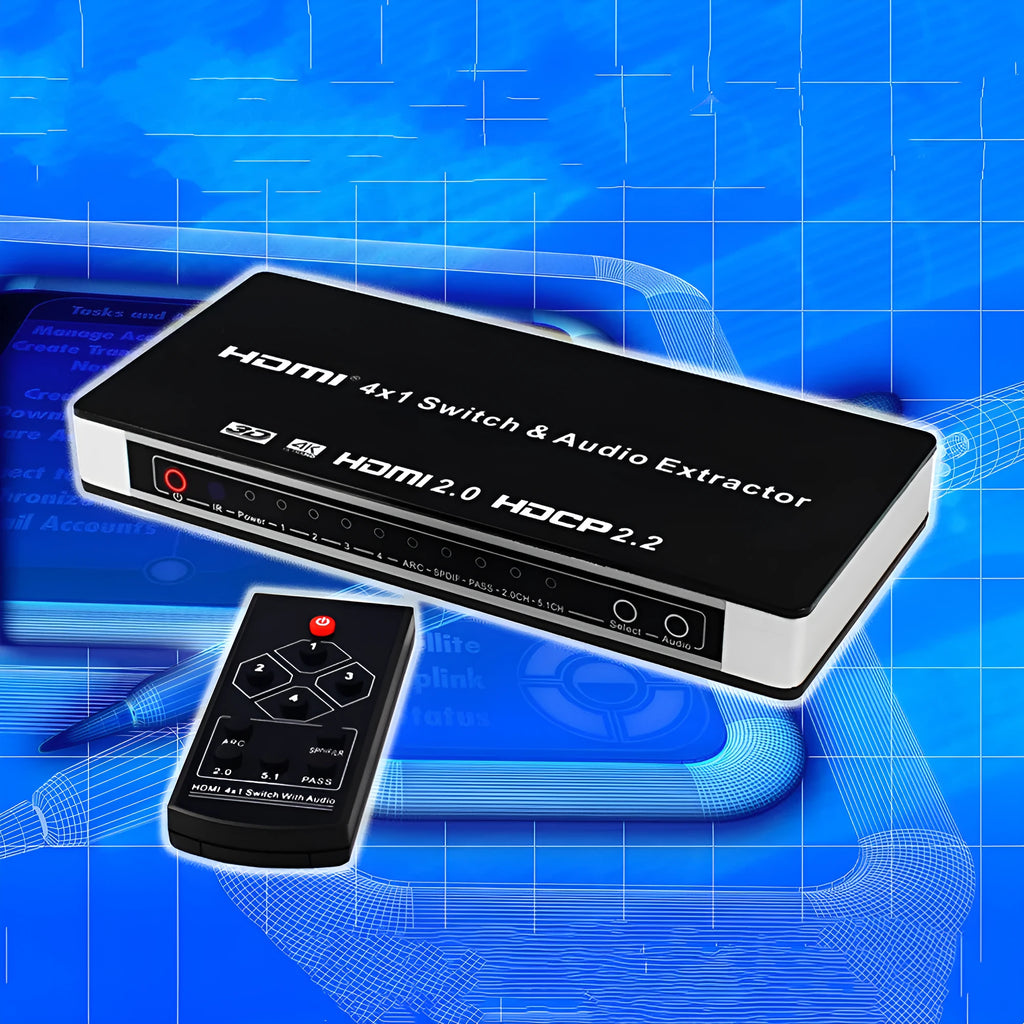 Black HDMI audio switch with 4 input ports and 1 output port, remote control and power adapter