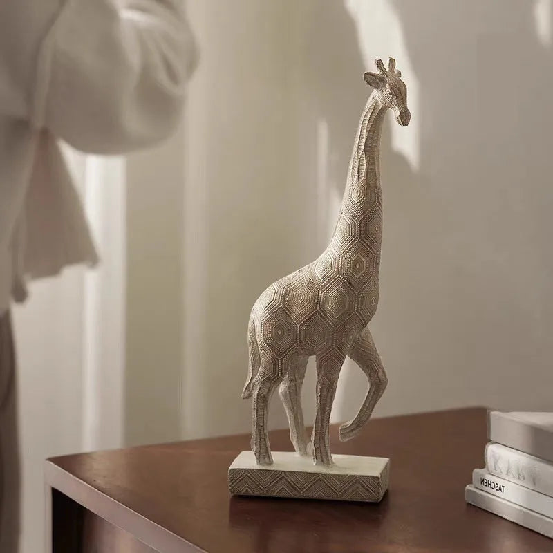 Wood colour European style synthetic resin giraffe decorative ornament on a white background.