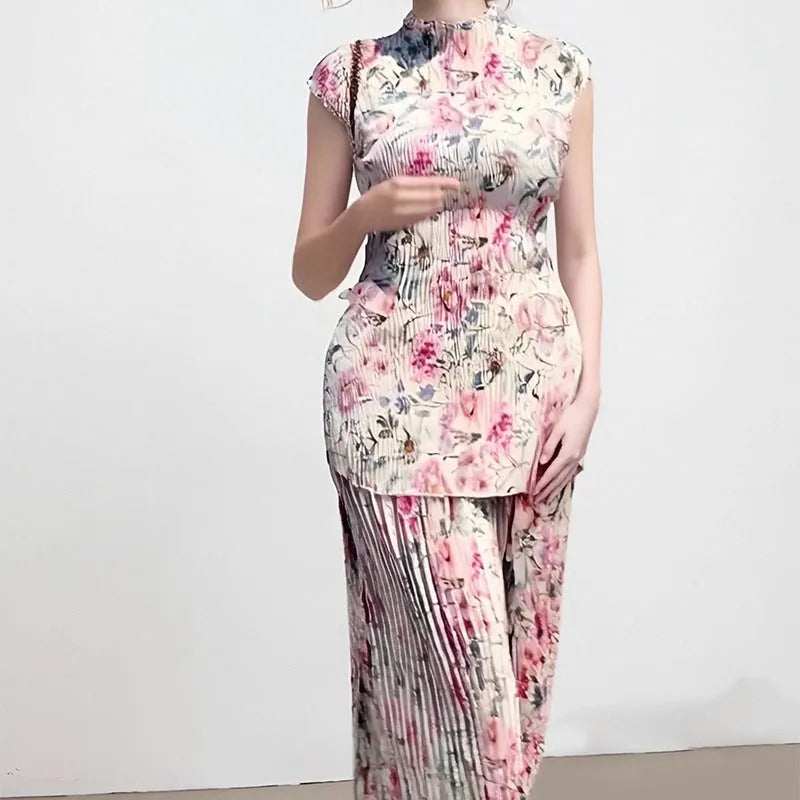 Printed chiffon two-piece dress set with long sleeves and high waist