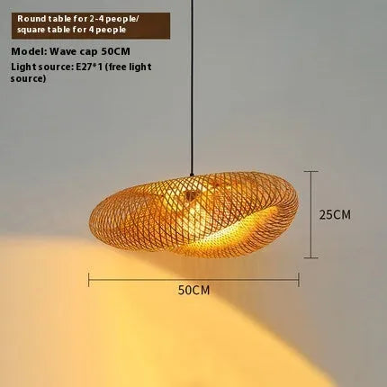 Natural bamboo straw hat shaped hanging chandelier ceiling light on white background.