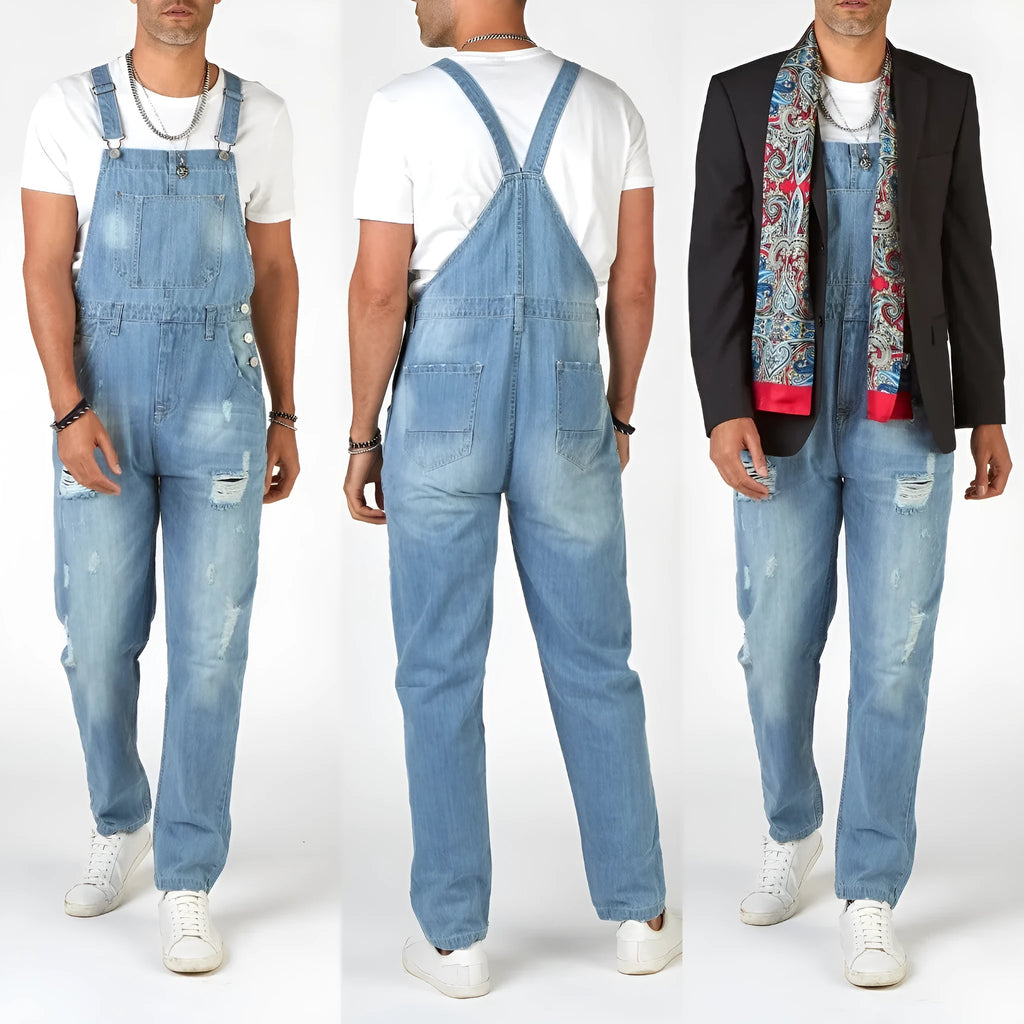 Light blue ripped men's jeans with suspenders, high waist, and straight leg opening.