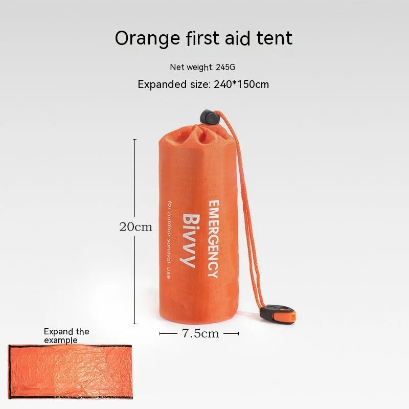 Portable orange disaster relief tent with sleeping bag and emergency blanket for outdoor use