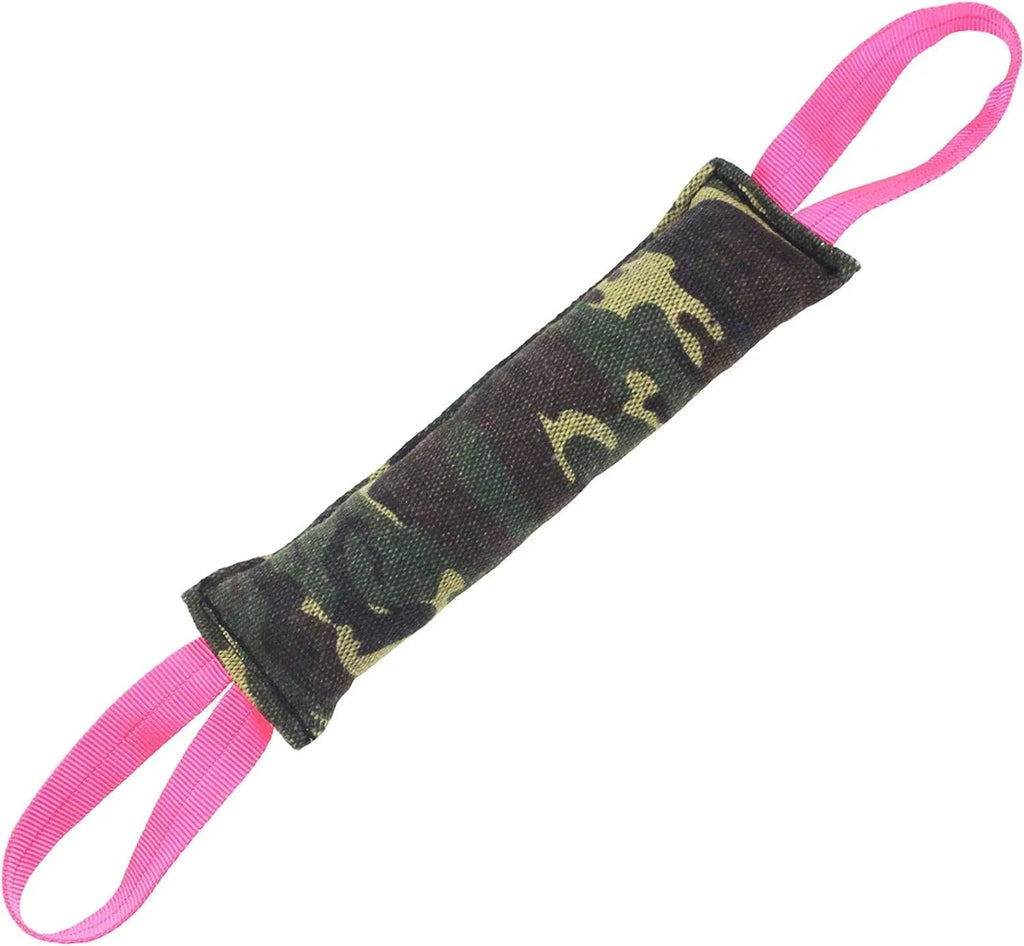 Beige and pink jute dog tug toy with two handles for interactive play