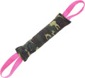 Beige and pink jute dog tug toy with two handles for interactive play