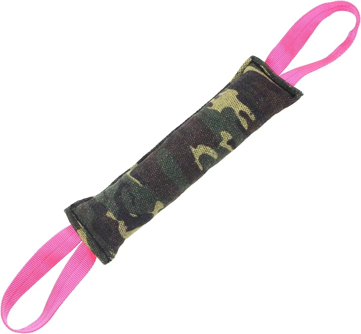 Beige and pink jute dog tug toy with two handles for interactive play