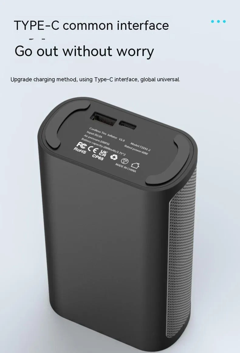 Wireless handheld digital display air pump with LED light and accessory nozzles for car and bicycle tyres