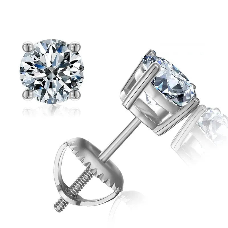 Sterling silver moissanite screw back stud earrings with geometric cut and four-claw setting