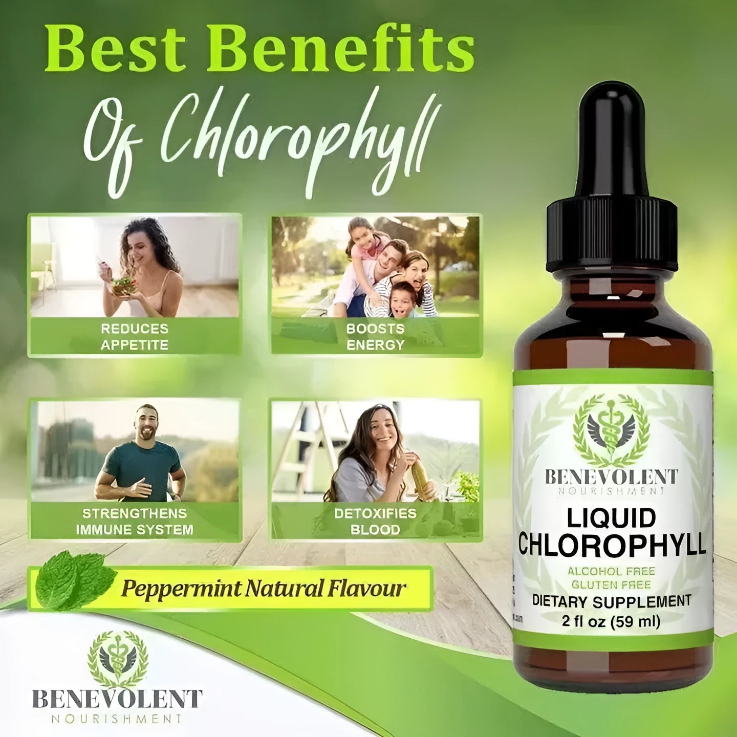 60ml bottle of liquid chlorophyll drops with dropper for adult body odour and intestinal care support