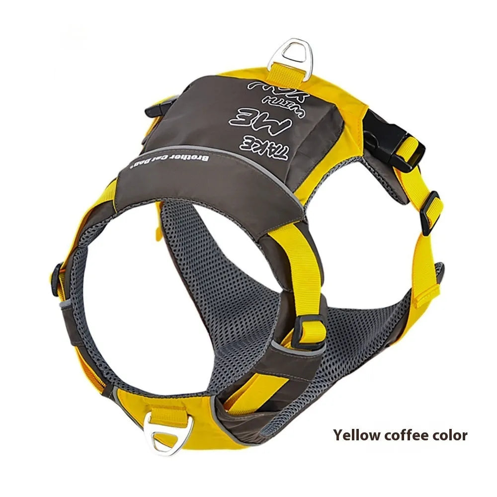 Orange blue dog chest strap vest harness with hand rope leash on adjustable nylon construction
