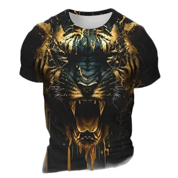 Men's grey T-shirt featuring a large, realistic 3D digital print of a tiger's face on the front.
