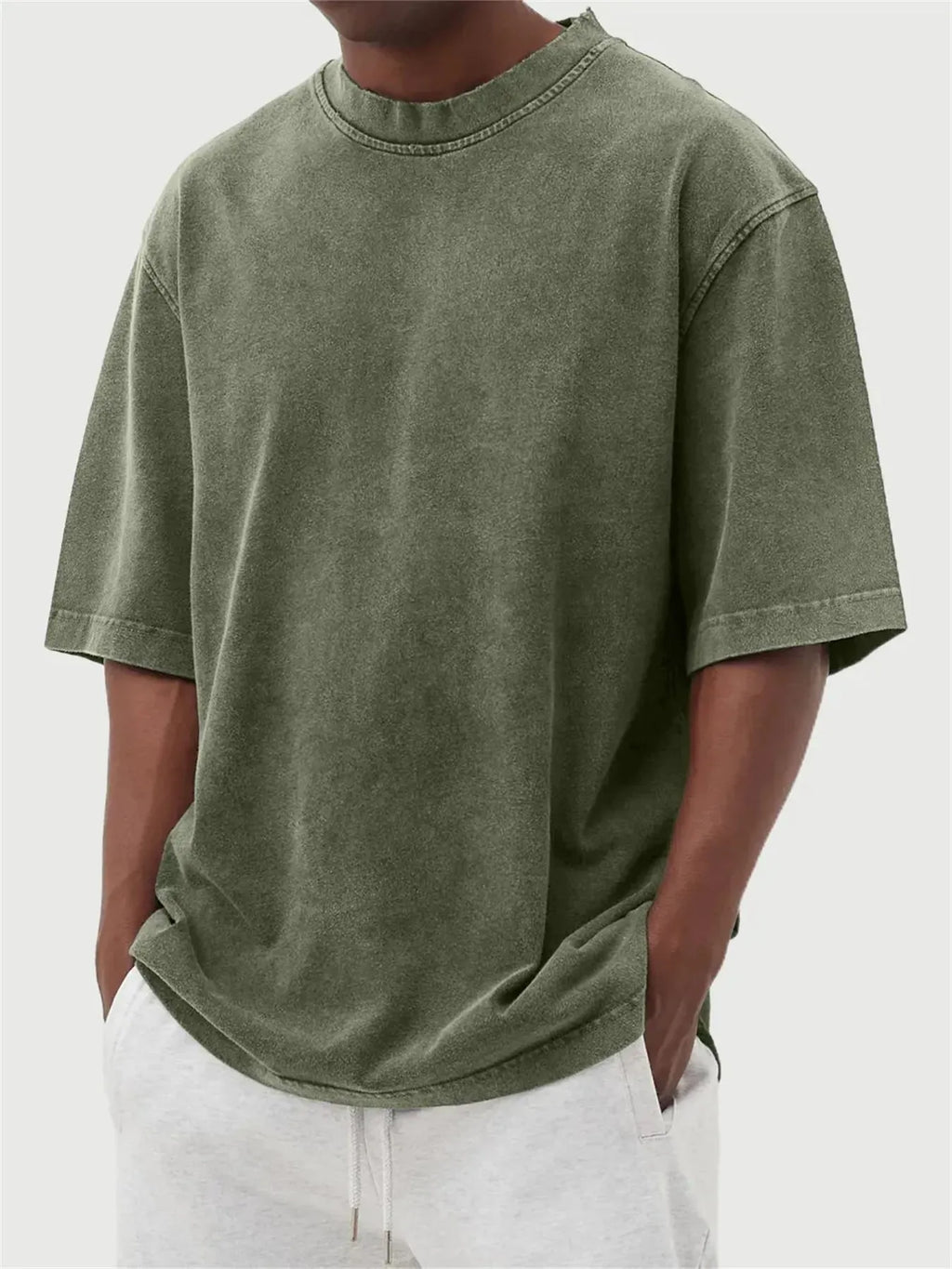 Men's stone-washed polyester pullover t-shirt in army green colour with loose fit design