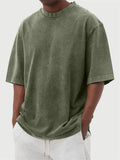 Men's stone-washed polyester pullover t-shirt in army green colour with loose fit design