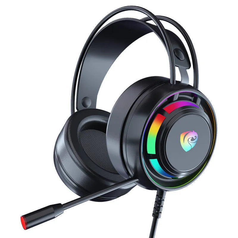 Black wired over-ear gaming headphones with microphone and long cable, shown with 3.5mm plug and USB version options.
