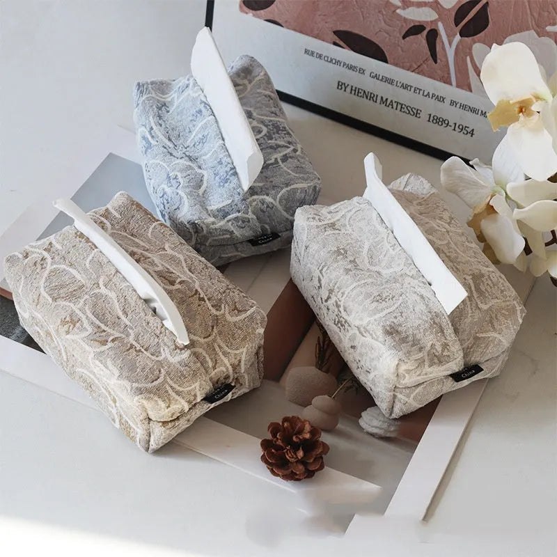 Chinese pastoral style cotton fabric tissue box with rose pattern in beige, blue, or brown colours