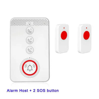 White emergency alert system with one buzzer unit and three wireless call buttons for elderly safety