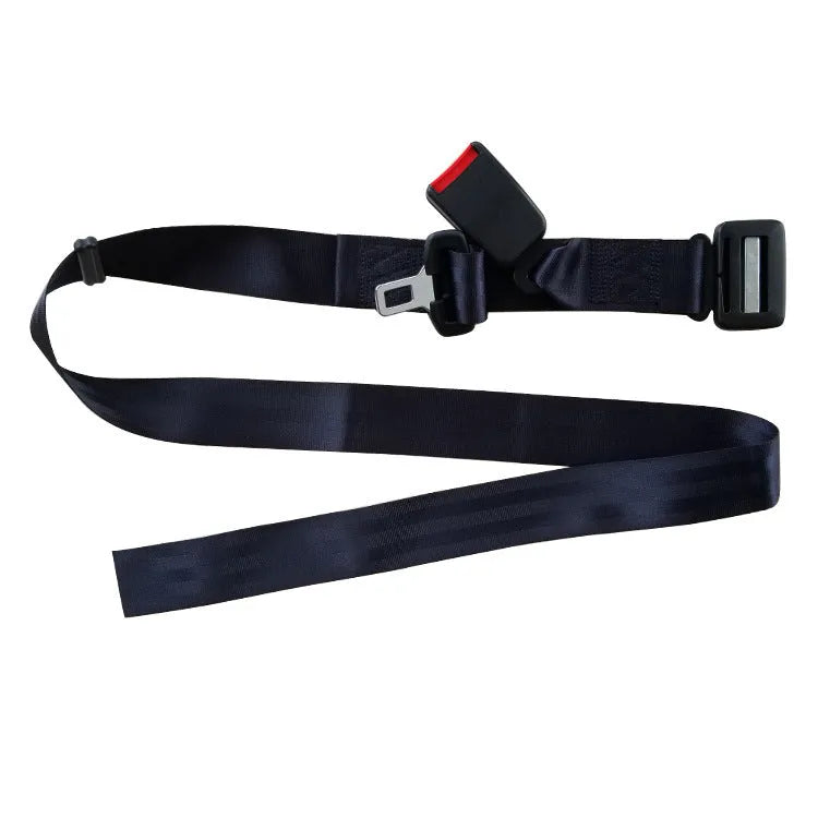 Pregnant women's adjustable car seat belt support in black with press-stud buckle, shown wrapped around a car seat.