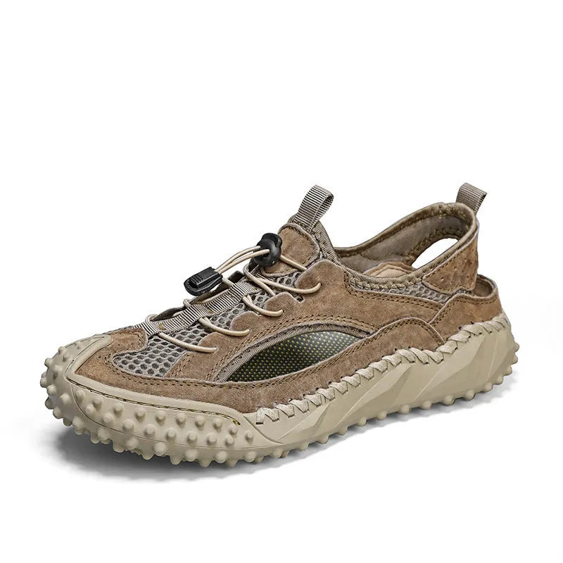 Men's black outdoor sports sandals with leather mesh upper and rubber sole showing elastic band closure