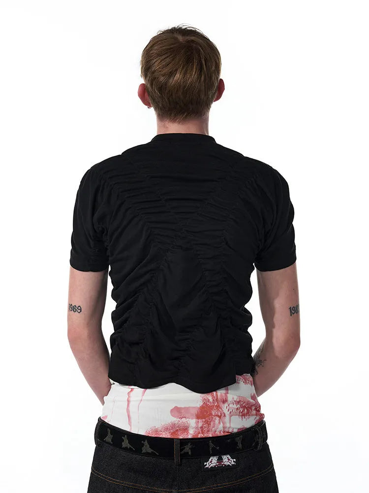 Black men's slim fit short sleeve t-shirt with a printed design and round neck.