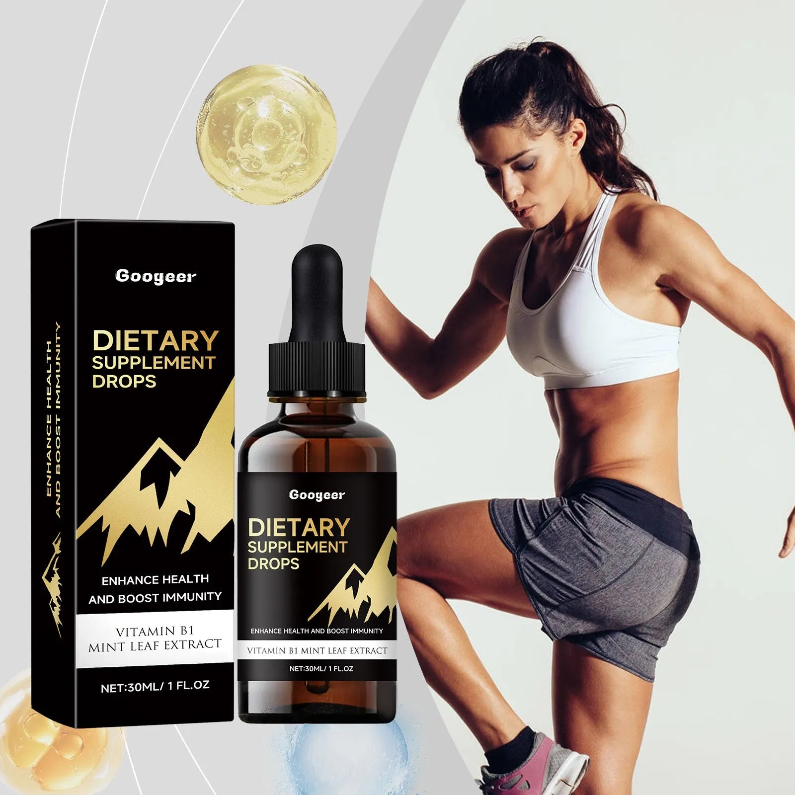 Bottle of dietary supplement drops with a measured dropper for dosage control.