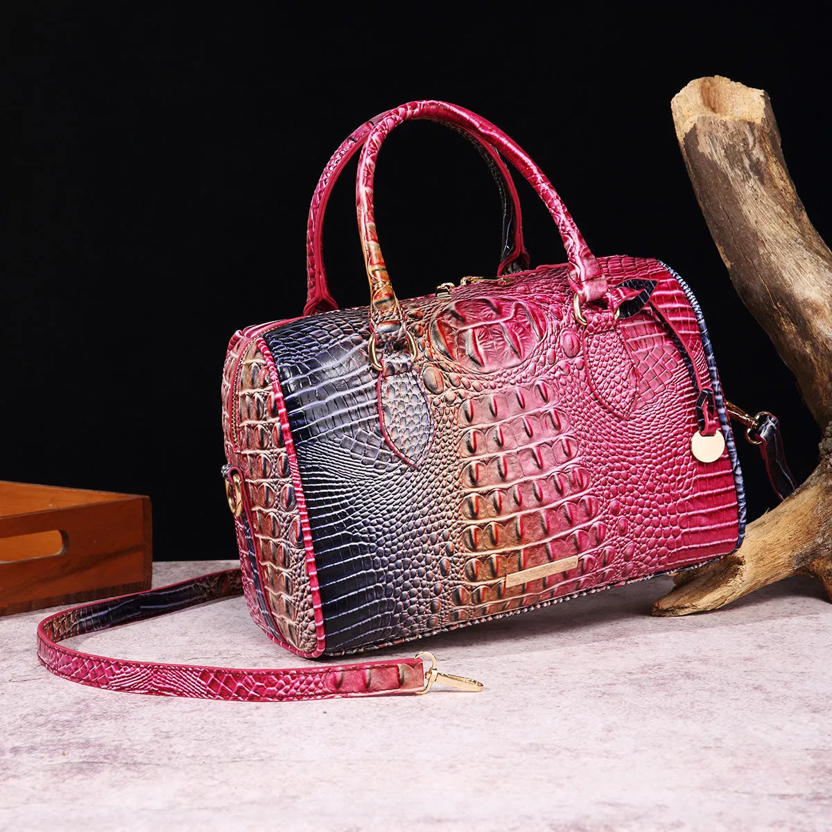 Fashion crossbody travel retro women's bag in PU with crocodile pattern, walnut brown colour, on a white background