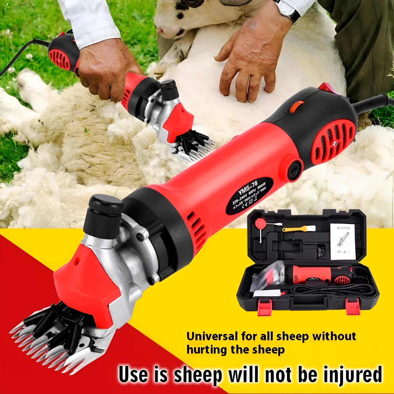 Yellow electric wool shears and accessory kit for 110V sheep shearing, including multiple blades in a plastic case.