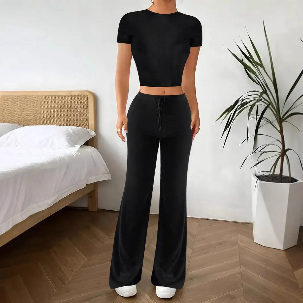 Black women's high waist trousers and regular sleeve short sleeve top matching set