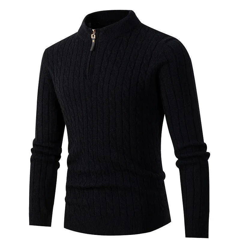 Men's thick twist gray sweater with zipper high collar jacquard knit cotton blend rabbit fur slim fit pullover