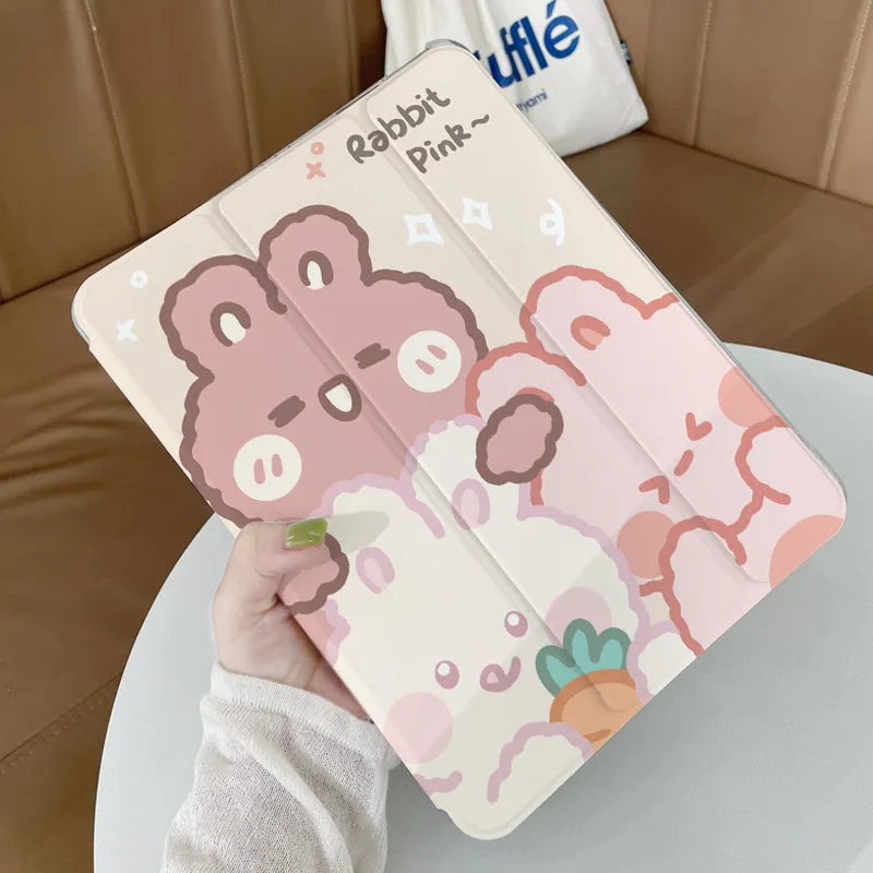 Rabbit cartoon design silicone tri-fold protective case for an Apple iPad in stand mode.