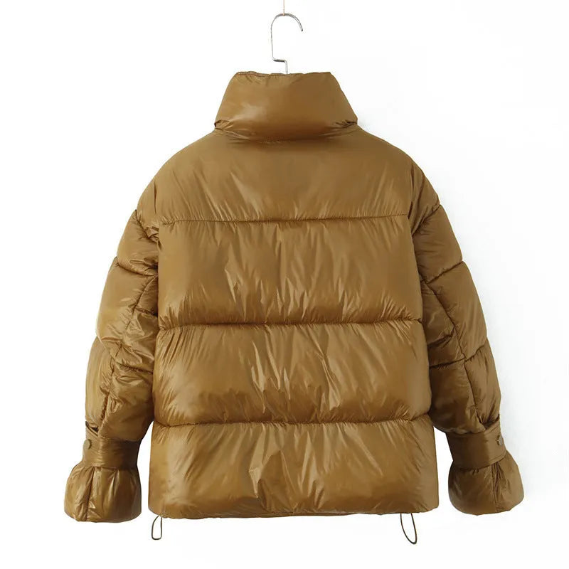 Gold women's puffer coat with stand-up collar and double zipper, straight fit, polyester outer, cotton filling