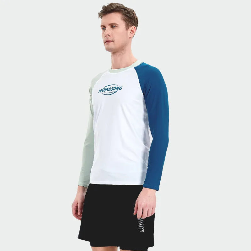 Men's white long-sleeved swim top with matching dual-layer swim trunks for beach sports