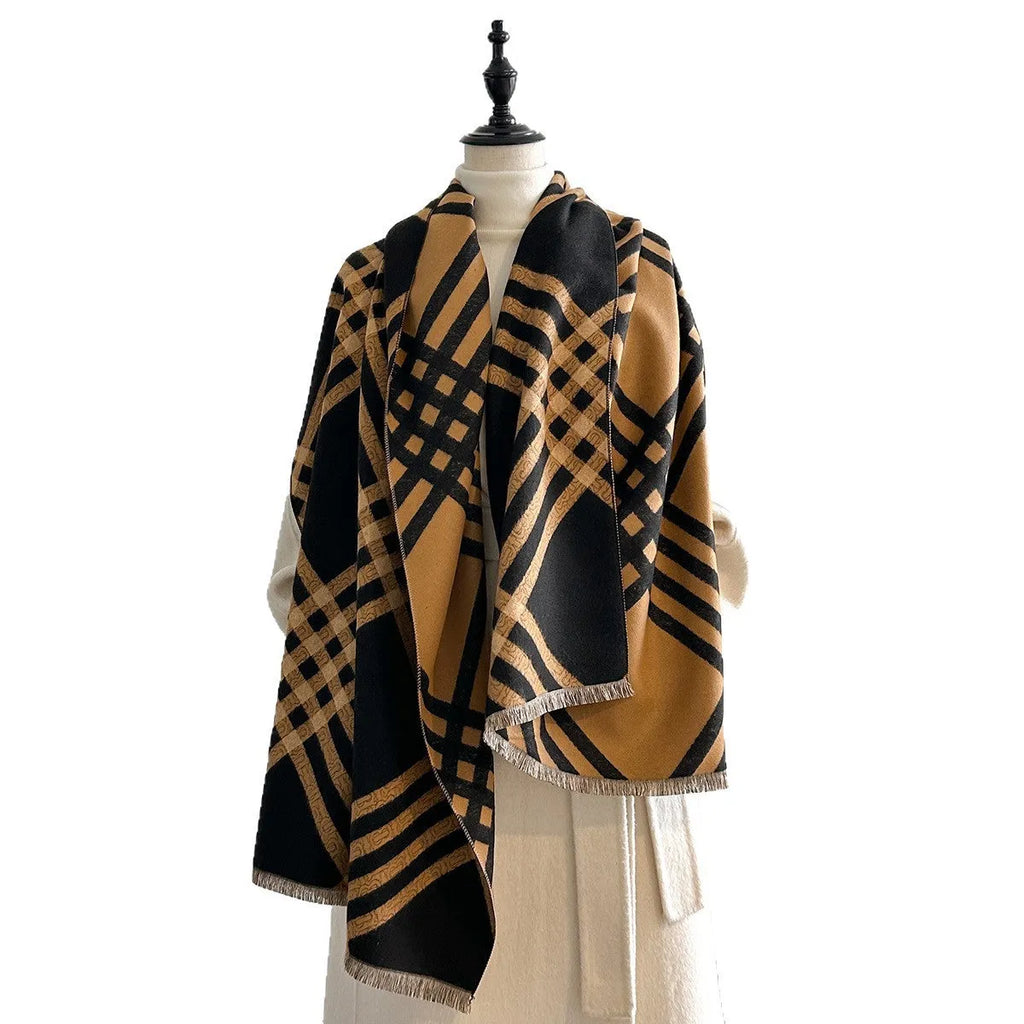Cashmere-like scarf with tassel ends in brown colour, shown draped to display 185 cm length