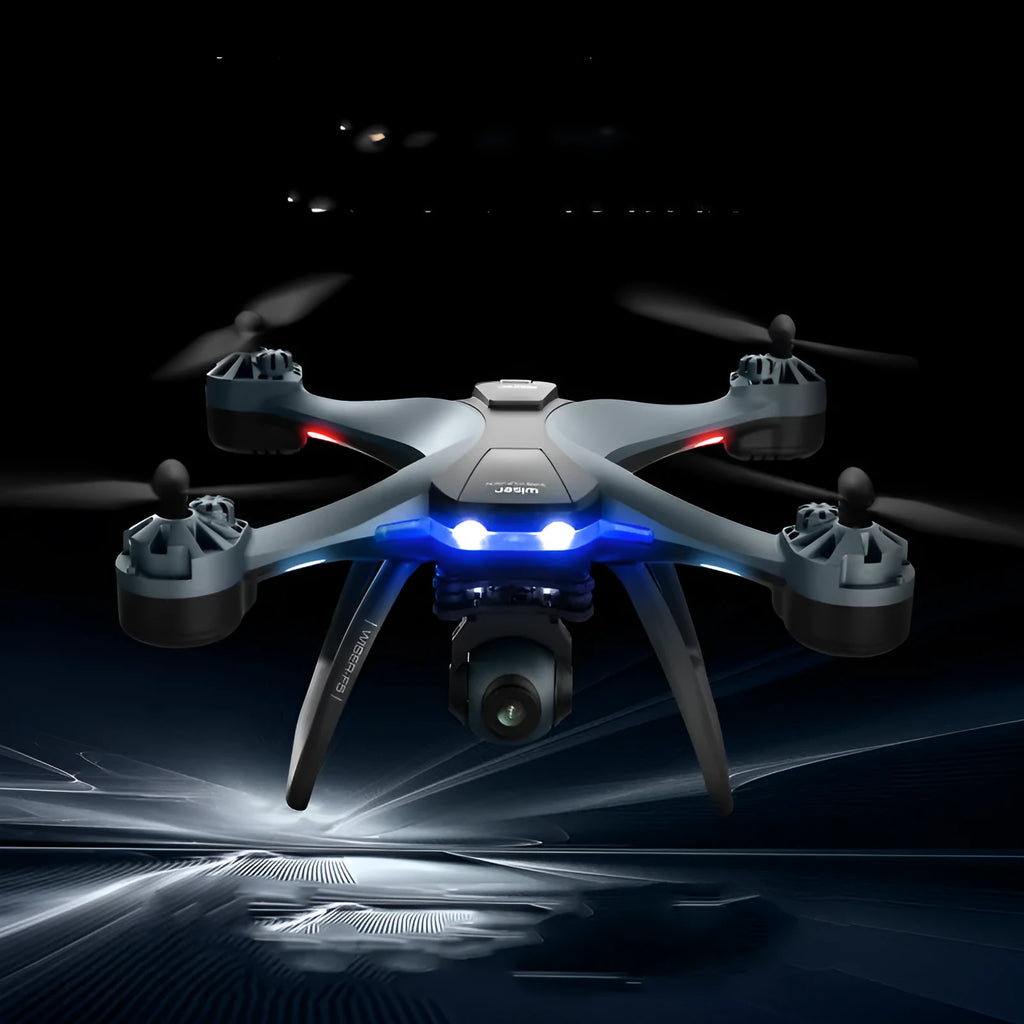 F5 smart ESC quadrocopter drone with dual cameras, remote controller, spare blades, and landing gear on a table.