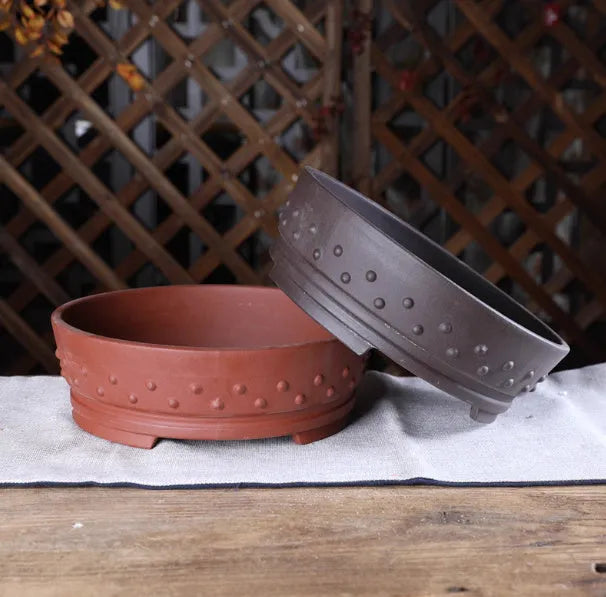 Chinese style ceramic flowerpot with drum nail shape, purple sand craft, 16.5cm inner diameter, plain cement or purple clay colour