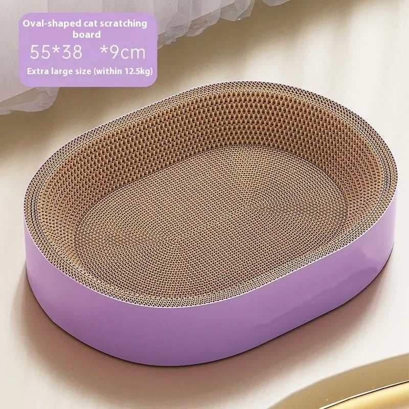 Green oval cat scratch board nest made from corrugated paper measuring 55cm in diameter