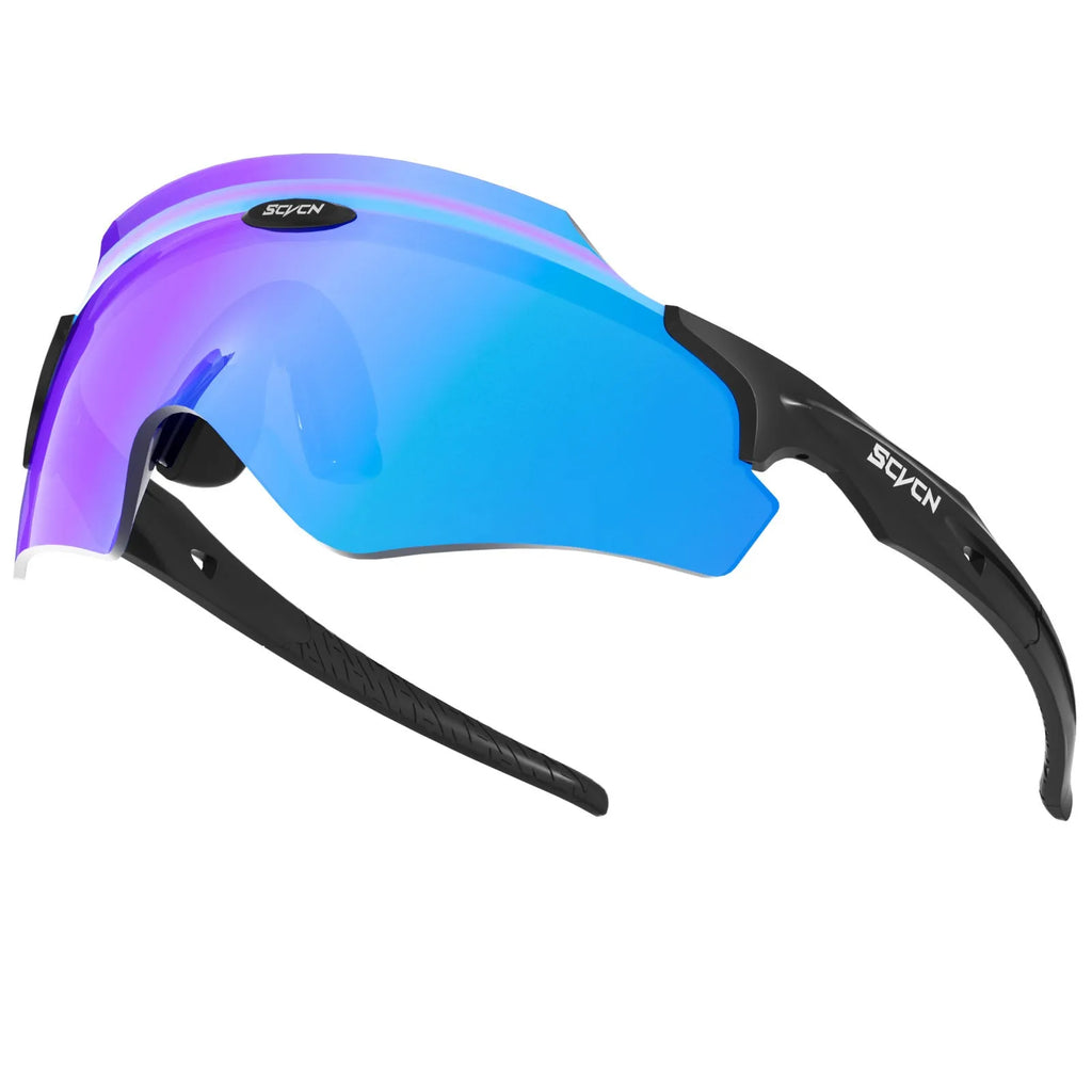 Frameless windproof sports glasses with a bold, single colourful integrated lens.