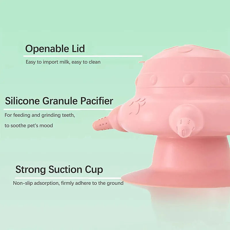 Pink silicone pet nursing bottle with breast-shaped milk bowl and four pacifiers for puppy and kitten feeding