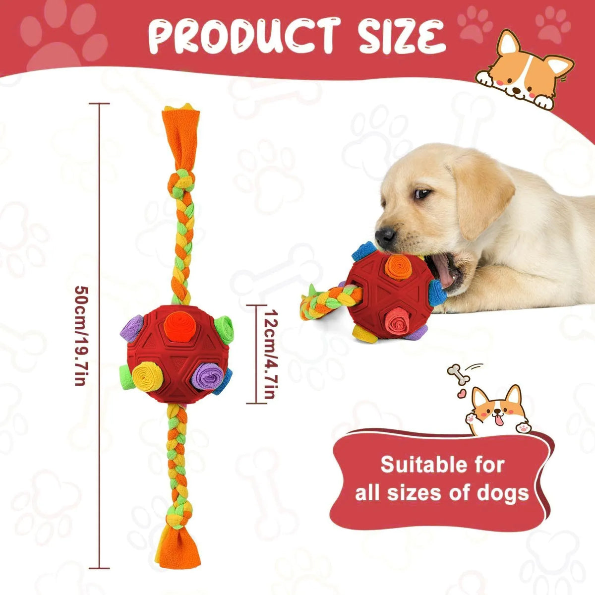 Pet Sniffing Ball dog puzzle toy in blue, green, orange, pink, purple, red, redgreen, or yellow colours