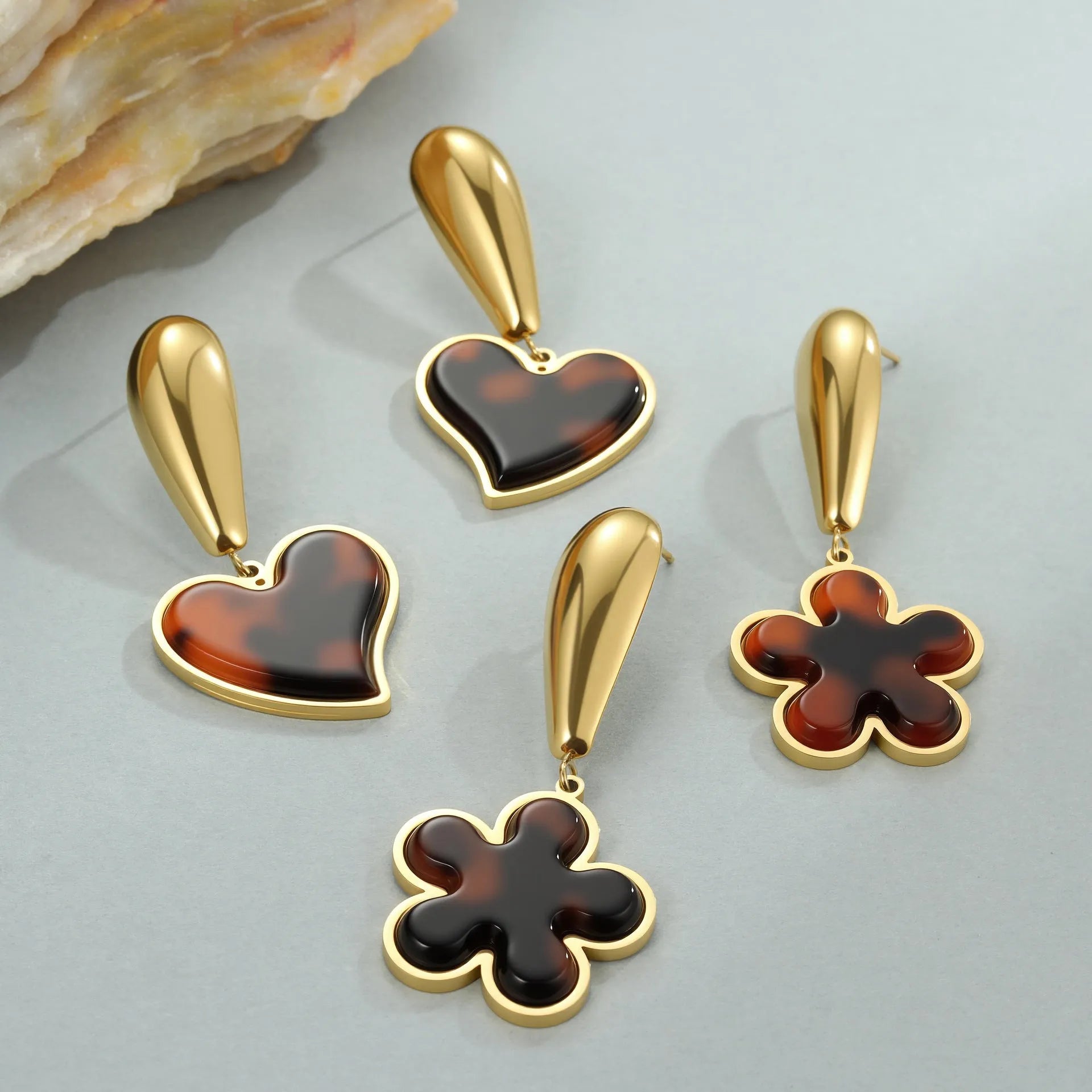 Tortoiseshell resin hawksbill colour 18K stainless steel geometric earrings in heart or flower designs