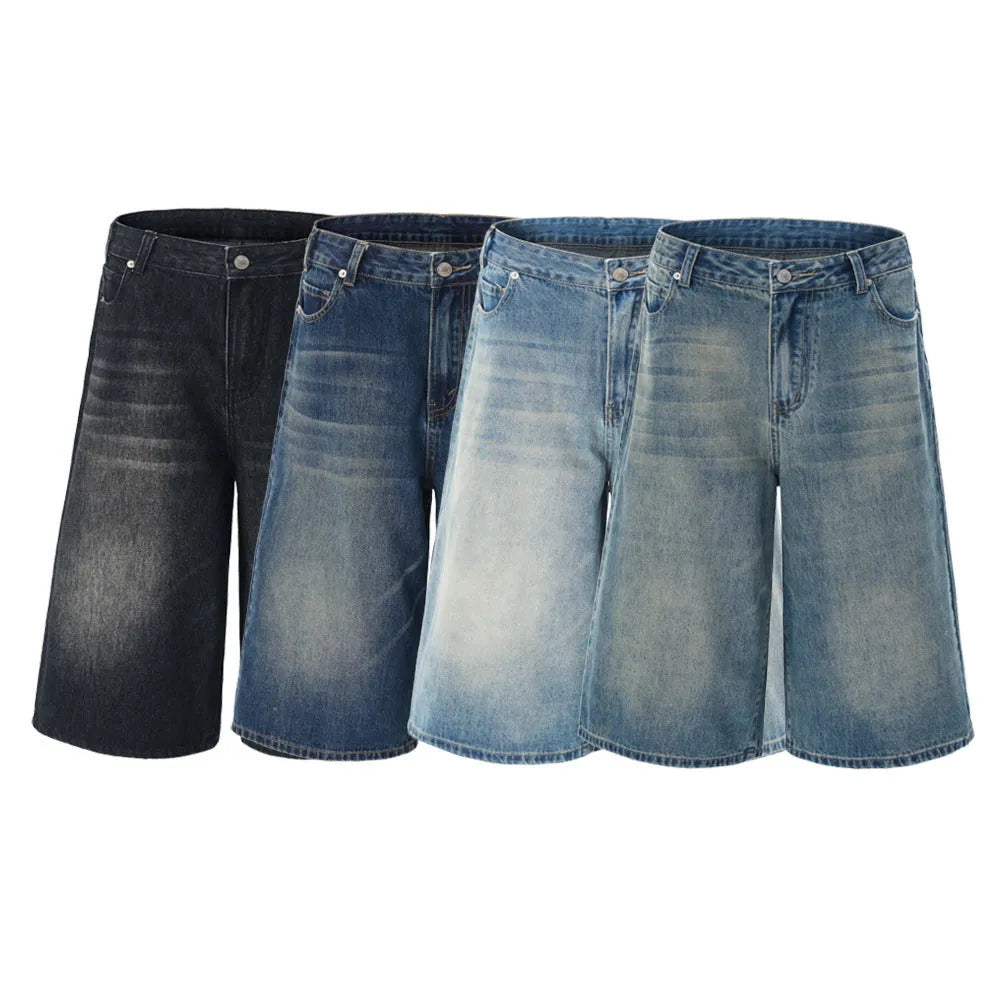 Men's loose straight-leg cropped denim shorts in light blue on a mannequin.