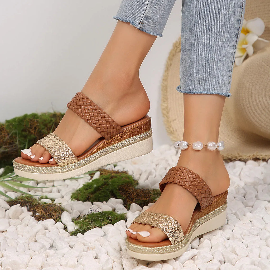 Women's gold plus size wedge sandals with a 5cm heel and rubber sole on a white background