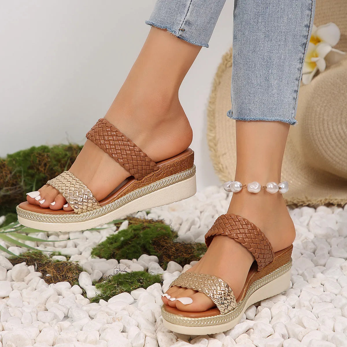 Women's gold plus size wedge sandals with a 5cm heel and rubber sole on a white background